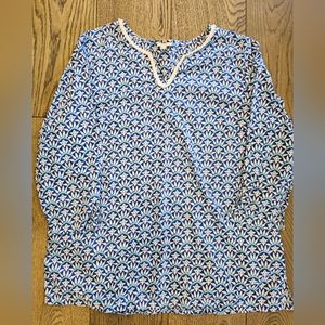 Talbots Popover Tunic V-Neck Sz L White Blue